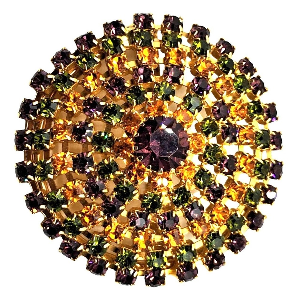 Vintage Rhinestone Belt Buckle Scarf Slide Multicolored Purple Orange Green Gold